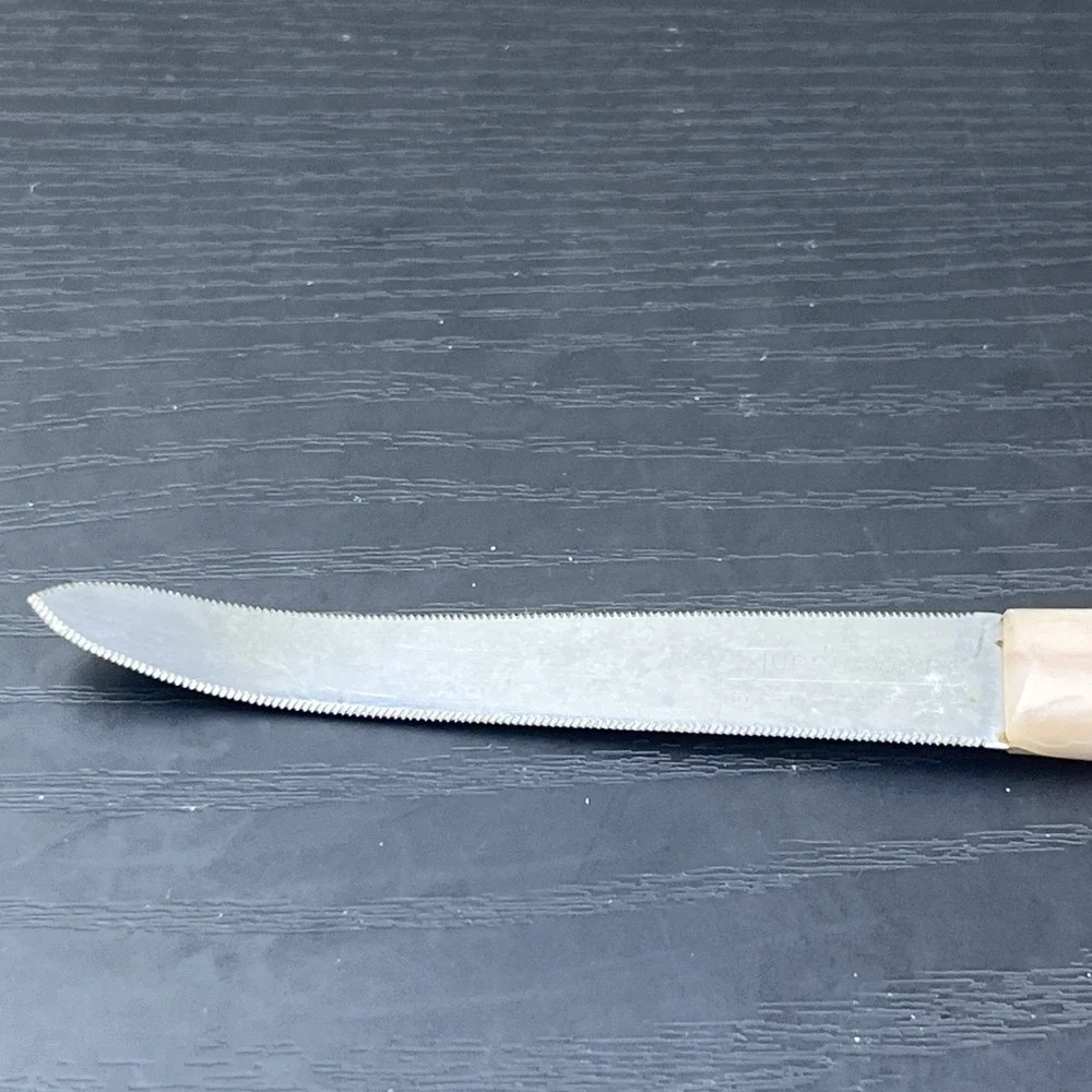 Vintage Cattaraugus for Tupperware 3 Prong Serving Knife Pink Marble Handle USA
